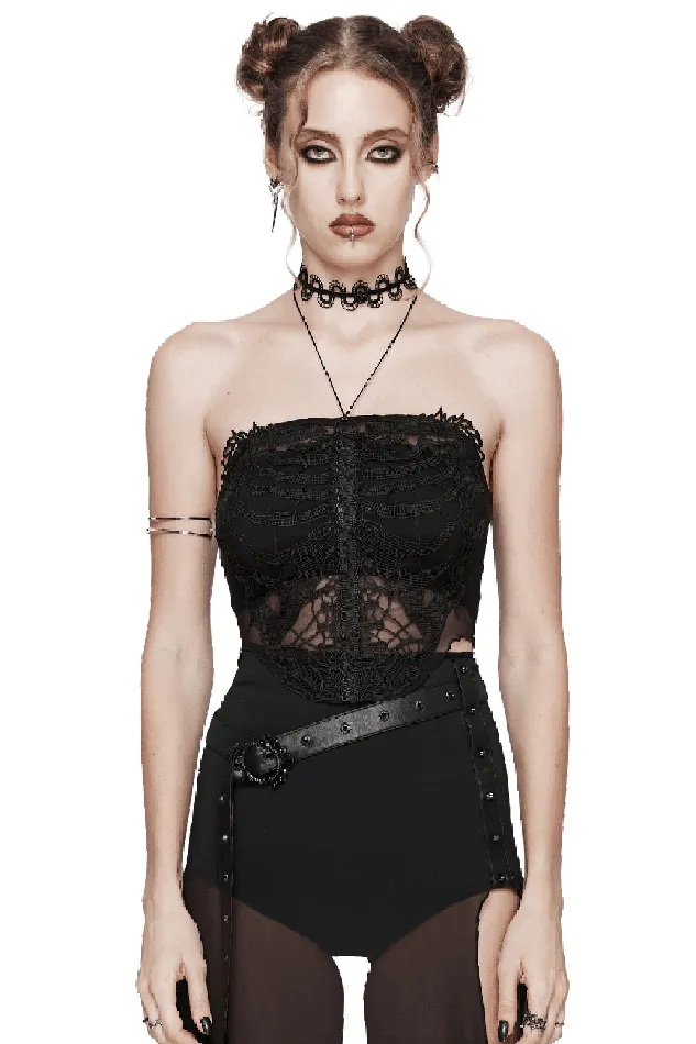 Anal EVEs SECRETS Black Mesh Halter Top with Embroidered Gothic Skeleton
