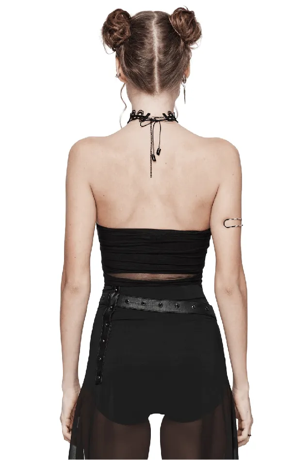 Anal EVEs SECRETS Black Mesh Halter Top with Embroidered Gothic Skeleton