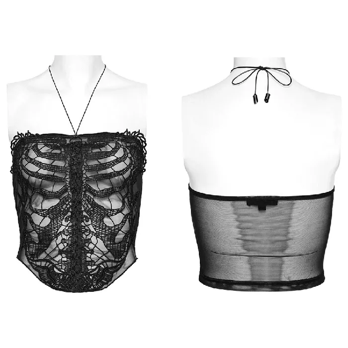 Anal EVEs SECRETS Black Mesh Halter Top with Embroidered Gothic Skeleton