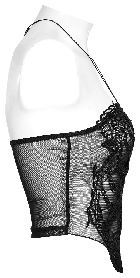 Anal EVEs SECRETS Black Mesh Halter Top with Embroidered Gothic Skeleton