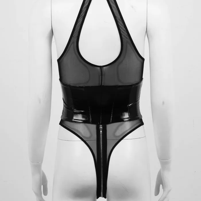 EVEs SECRETS Anal Womens Wet Look Mesh Bodysuit Spliced Leotard Zippered Sexy Clothing for Women
