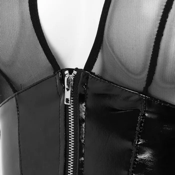 EVEs SECRETS Anal Womens Wet Look Mesh Bodysuit Spliced Leotard Zippered Sexy Clothing for Women