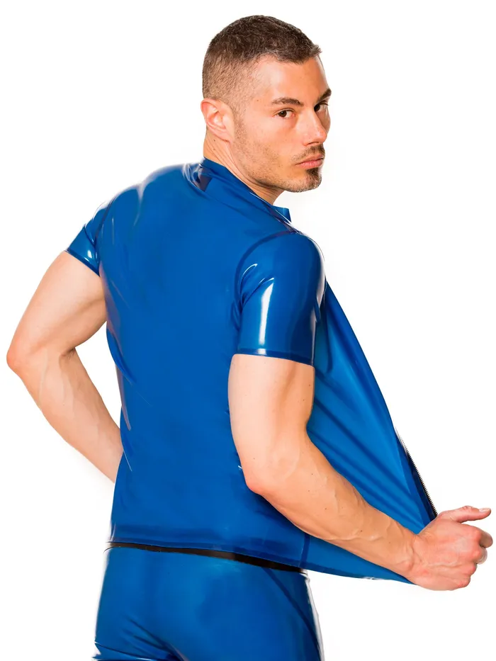 Blue Collared Zip Latex TShirt HonourSkintwocom Vibrators