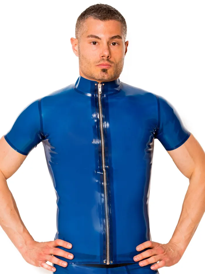 Blue Collared Zip Latex TShirt HonourSkintwocom Vibrators
