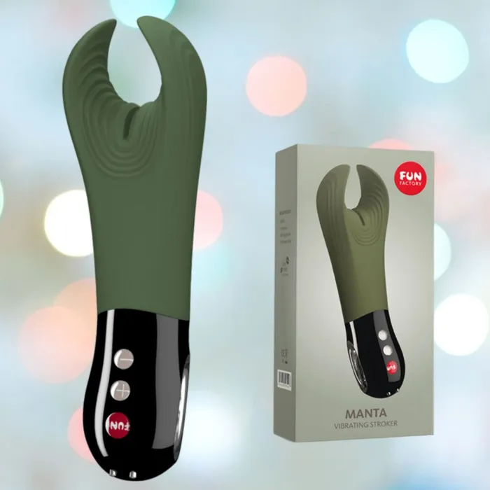 Fun Factory Manta Rechargeable Vibrating Male Stroker For Men Moss Green Fun Factory Male Sex Toys