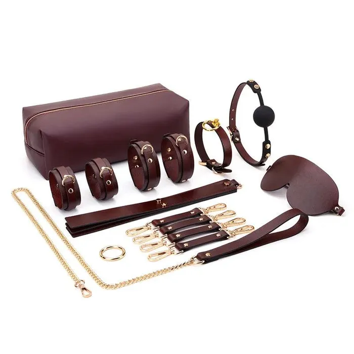 Genuine Leather Bondage Kits Sex Toys Sex Game for Couples Handcuff Ankle Cuffs Collar Gag Hogtie propinkup Couples