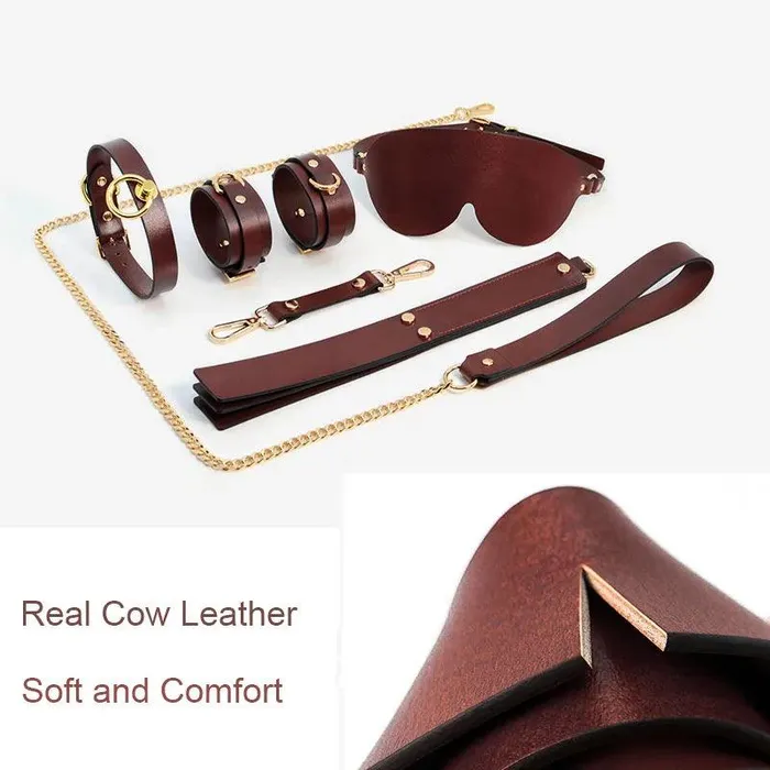 Genuine Leather Bondage Kits Sex Toys Sex Game for Couples Handcuff Ankle Cuffs Collar Gag Hogtie propinkup Couples