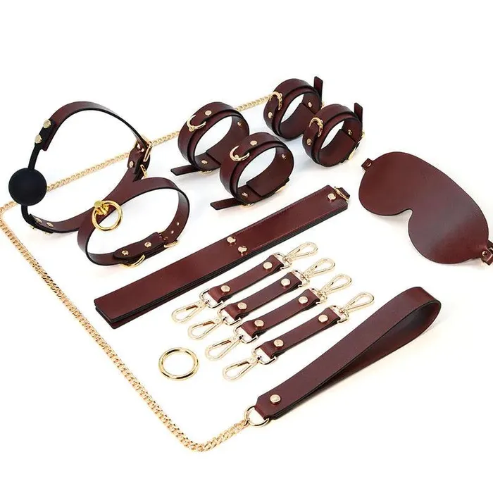 Genuine Leather Bondage Kits Sex Toys Sex Game for Couples Handcuff Ankle Cuffs Collar Gag Hogtie propinkup Couples