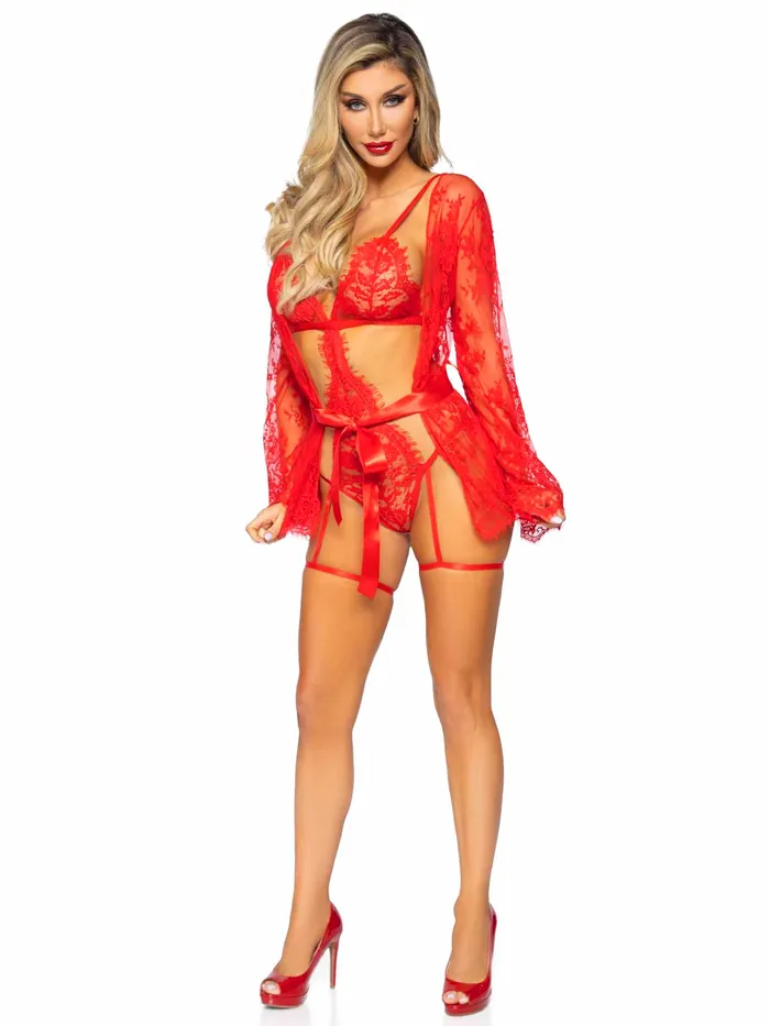 3PC LACE TEDDY ROBE RED SMALL LEG AVENUE INC Anal
