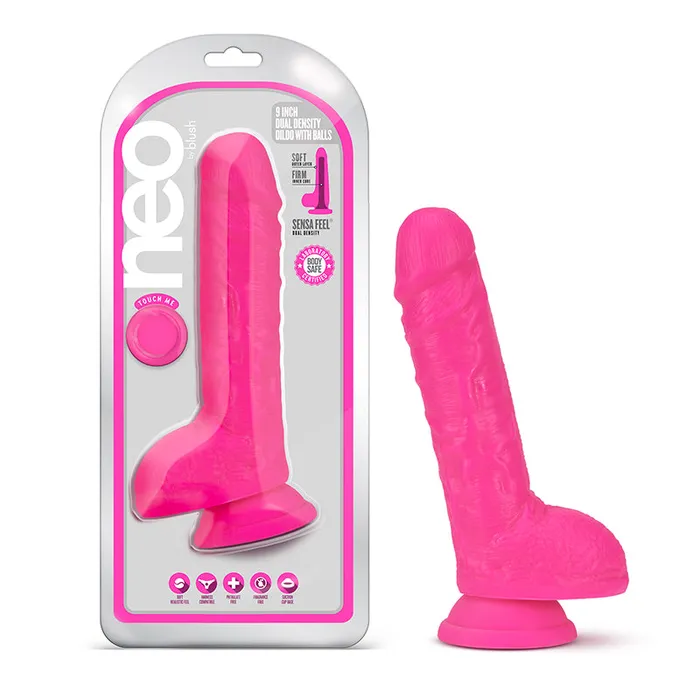 Blush Neo 9 in Dual Density Dildo with Balls Suction Cup Neon Pink Blush Dildos Blush Neo 9 in Dual Density Dildo with Balls Suction Cup Neon Pink Blush Dildos