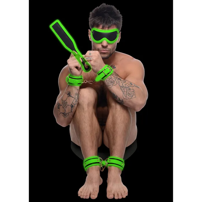 Master Series Female Sex Toys Kink in the Dark Glowing Cuffs Blindfold Paddle Set