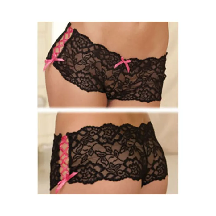 Rene Rofe Crotchless Lace Side Tie Boyleg Panty Black ML CuteButKinky Anal