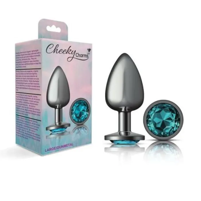 Anal Cheeky Charms Cheeky Charms Gunmetal Round Butt Plug w Teal Jewel Large