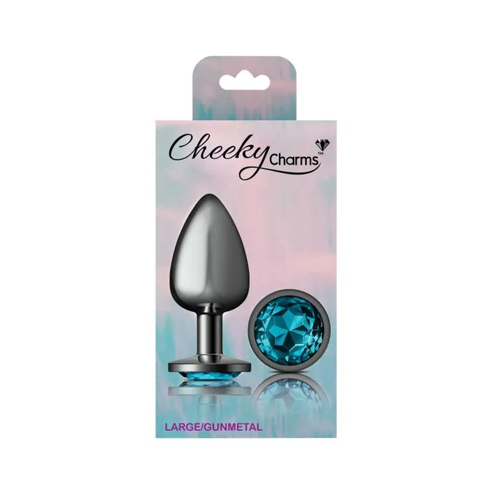 Anal Cheeky Charms Cheeky Charms Gunmetal Round Butt Plug w Teal Jewel Large