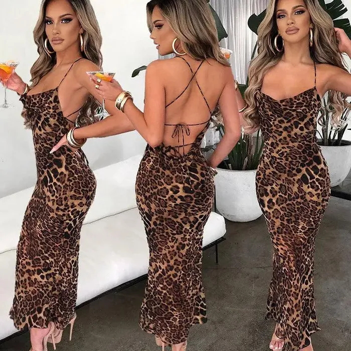 Couples cj Leopard Print Sexy Backless Laceup MIDI