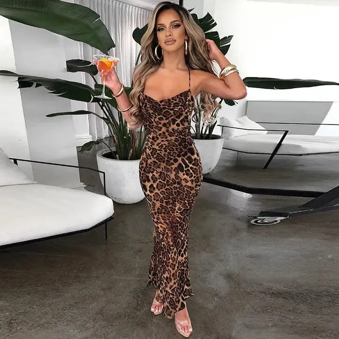 Couples cj Leopard Print Sexy Backless Laceup MIDI