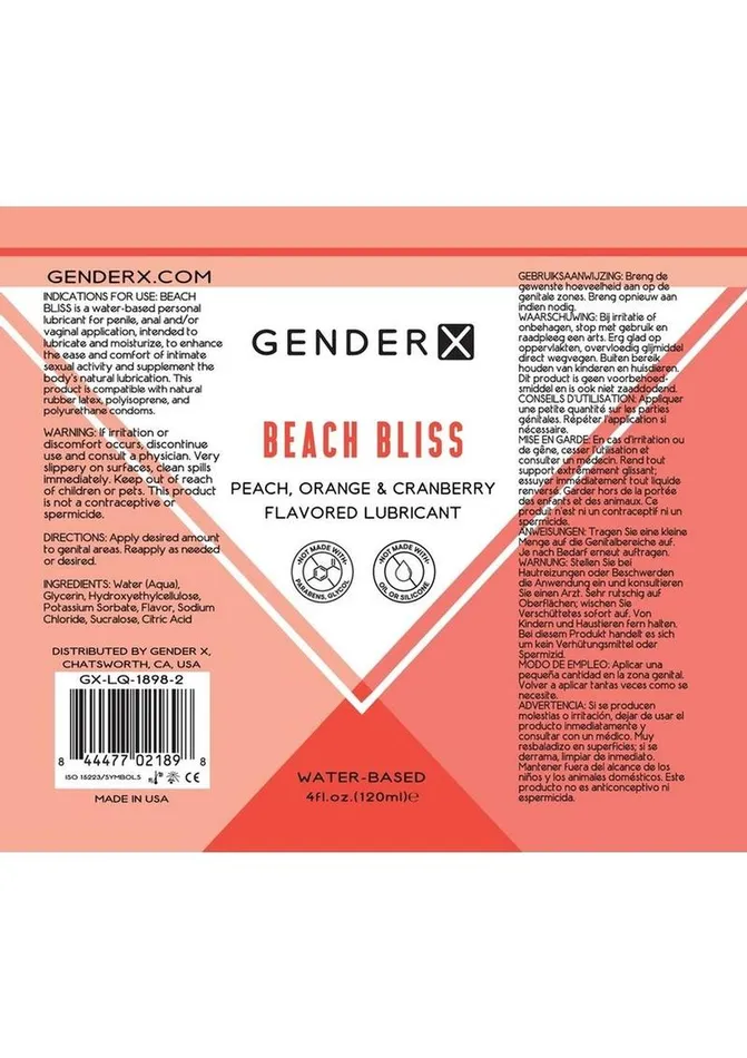 Gender X Anal Gender X Beach Bliss Water Based Flavored Lubricant 4oz Peach Gender X Anal Gender X Beach Bliss Water Based Flavored Lubricant 4oz Peach