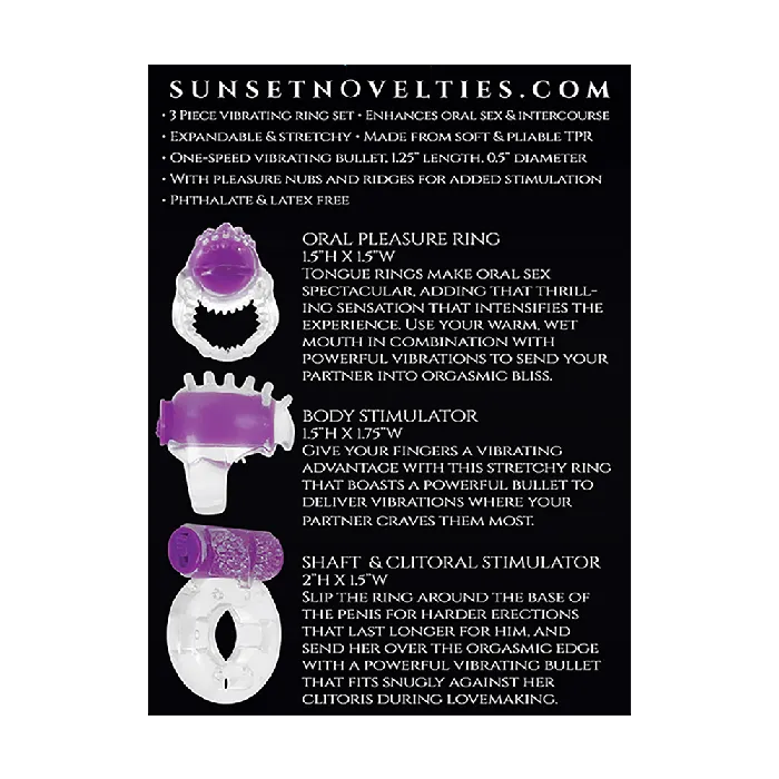 Sunset Intimates Male Sex Toys Rock Hard Vibrating Pleasure Cock Ring Trio
