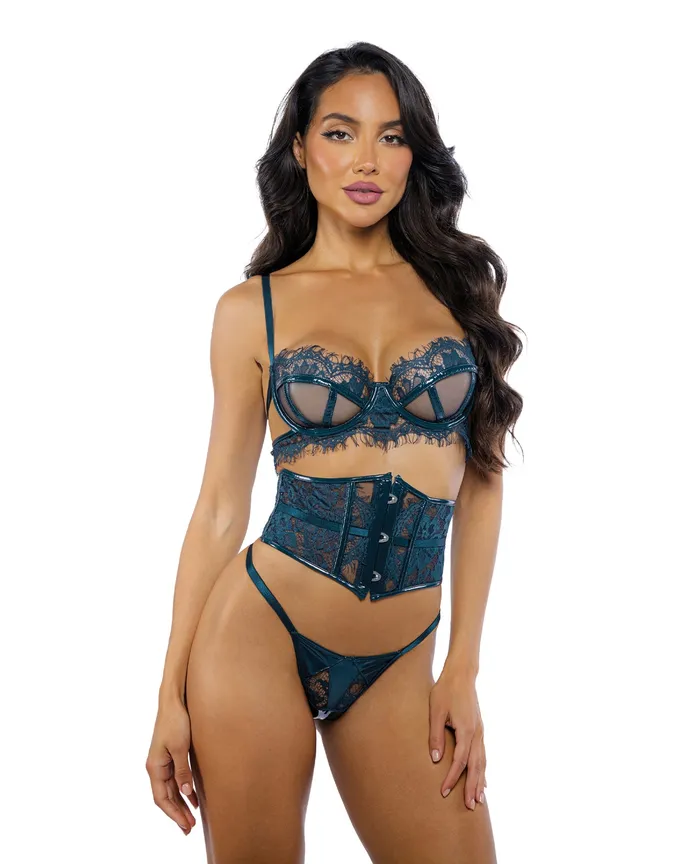 Anal Eden Scalloped Eyelash Lace Wet Look Waspie 3 pc Set Teal XL Roma Confidential Anal Eden Scalloped Eyelash Lace Wet Look Waspie 3 pc Set Teal XL Roma Confidential