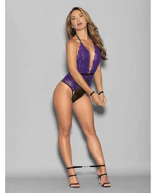 Anal Euphoria Halter Lace Mesh Teddy wWrist Restraints PurpleBlack OS Euphoria