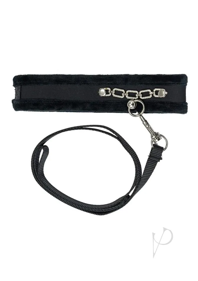 Anal Punishment Punishment Crystal Detail Collar and Leash 37in Black