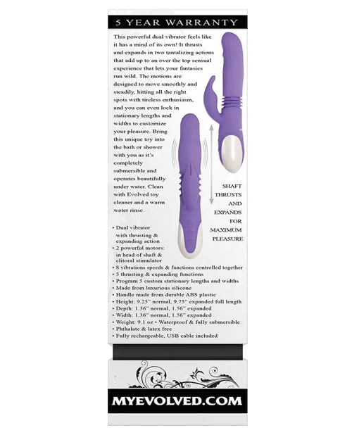 Evolved Thick and Thrust Bunny Rechargeable Silicone Rabbit Vibrator with Length Thrusting and Girth Expanding Action Lavender Female Sex Toys