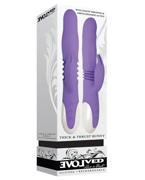 Evolved Thick and Thrust Bunny Rechargeable Silicone Rabbit Vibrator with Length Thrusting and Girth Expanding Action Lavender Female Sex Toys
