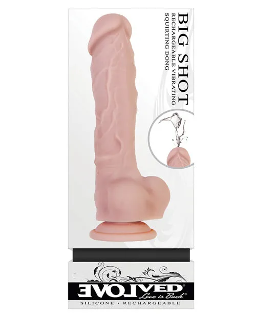 Female Sex Toys Evolved Big Shot Rechargeable Silicone Vibrating Squirting Dong with Balls 8in Vanilla