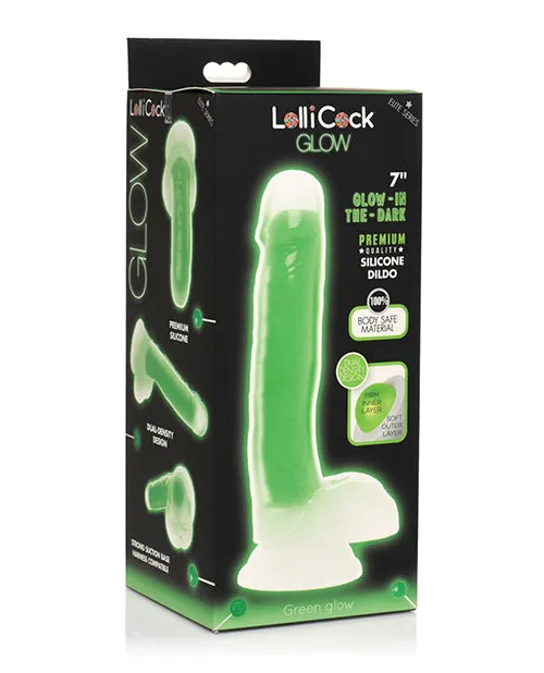 Female Sex Toys Lollicock Glow in the Dark Silicone Dildo with Balls 7in Green Lollicock
