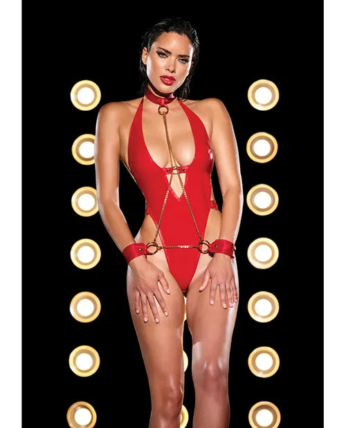 Fetish By Oh La La Cheri Female Sex Toys FETISH Submissive VPlunge Vinyl Teddy wRemovable Chain Harness Hand Red LXL Fetish By Oh La La Cheri Female Sex Toys FETISH Submissive VPlunge Vinyl Teddy wRemovable Chain Harness Hand Red LXL