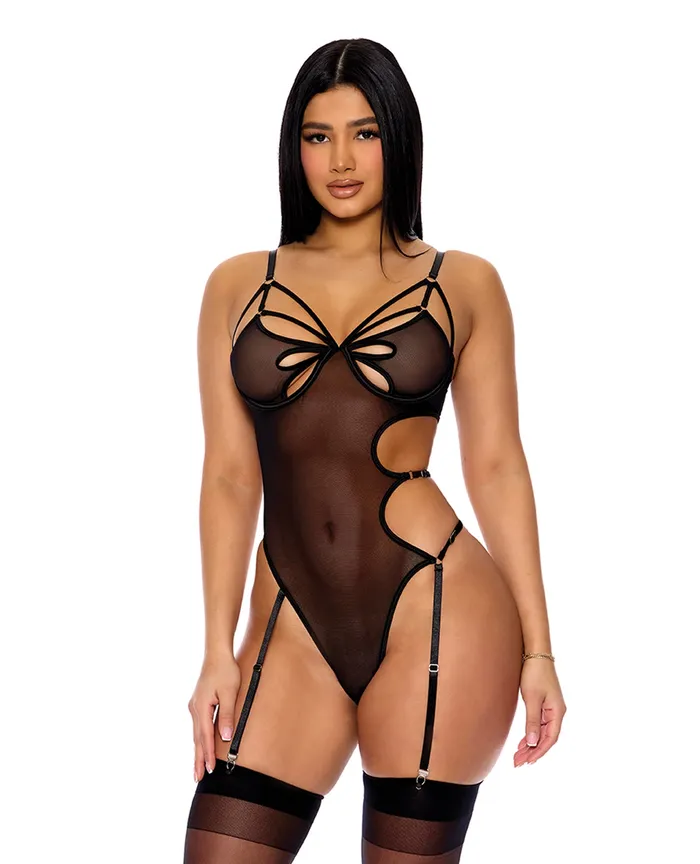 FORPLAY Feeling Butterflies Mesh Teddy wGarters Black MD Anal