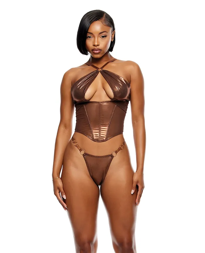 Forplay Female Sex Toys Liquid Metal Metallic Mesh Bustier wGString 2 pc Set Metallic Copper SM Forplay Female Sex Toys Liquid Metal Metallic Mesh Bustier wGString 2 pc Set Metallic Copper SM