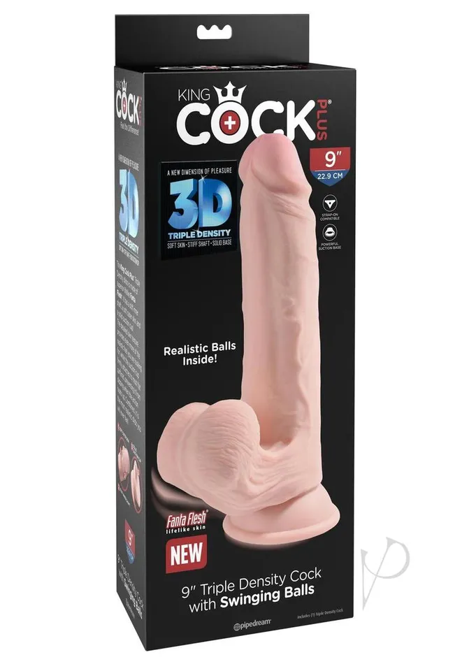King Cock Dildos King Cock Triple Density Cock with Swinging Balls 9in Vanilla