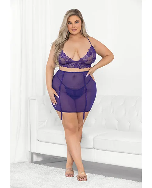 Lace Mesh Long Line Bra Garter Skirt GString Midnight Purple 3X Escante Vibrators Lace Mesh Long Line Bra Garter Skirt GString Midnight Purple 3X Escante Vibrators