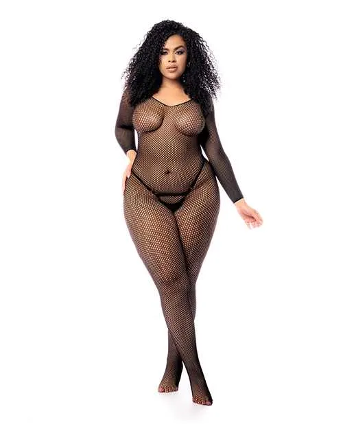 Mapale Anal Long Sleeved All Over Fishnet Body Stocking Black QN