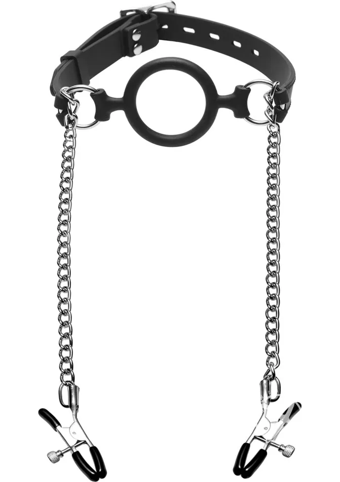 Master Series Master Series Mutiny Silicone ORing Gag with Nipple Clamps Black Male Sex Toys