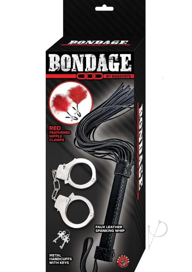 Nasstoys Bondage Whip Feather Clamps and Cuffs Kit Red Bondage Restraints