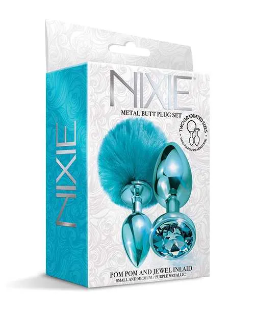 Nixie Anal Nixie Metal Butt Plug Set wJewel Inlaid Pom Pom Blue Metallic