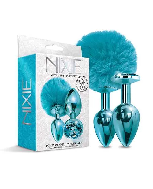 Nixie Anal Nixie Metal Butt Plug Set wJewel Inlaid Pom Pom Blue Metallic Nixie Anal Nixie Metal Butt Plug Set wJewel Inlaid Pom Pom Blue Metallic