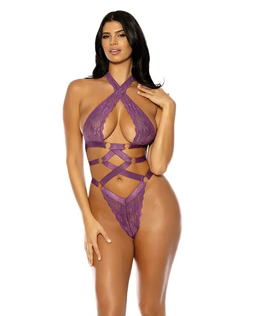 Oh La La Cheri Camille Lace Halter Teddy with Lace Up Details Purple SM Vibrators Oh La La Cheri Camille Lace Halter Teddy with Lace Up Details Purple SM Vibrators