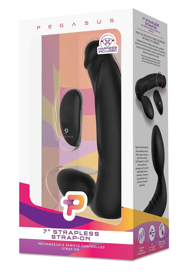 Pegasus Pegasus Silicone Rechargeable Strapless StrapOn with Remote Control 7in Black Female Sex Toys Pegasus Pegasus Silicone Rechargeable Strapless StrapOn with Remote Control 7in Black Female Sex Toys