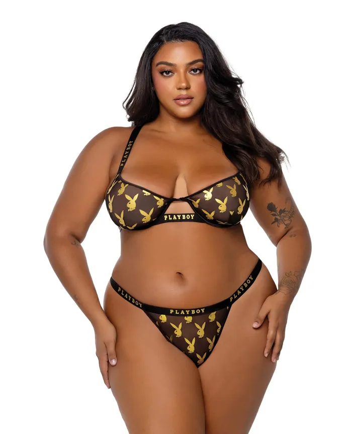 Playboy By Roma Anal Playboy Gold Foil Mesh Satin Bralette wThong 2 pc Set BlackGold 2X Playboy By Roma Anal Playboy Gold Foil Mesh Satin Bralette wThong 2 pc Set BlackGold 2X