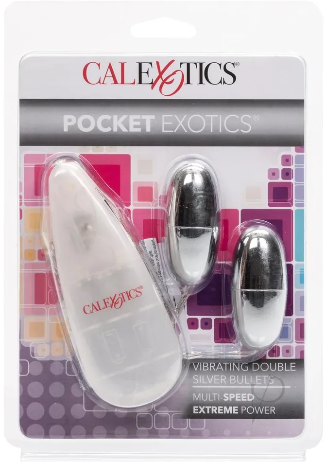 Pocket Exotics Pocket Exotics Vibrating Double Silver Bullets with Wired Remote Control Silver Female Sex Toys Pocket Exotics Pocket Exotics Vibrating Double Silver Bullets with Wired Remote Control Silver Female Sex Toys