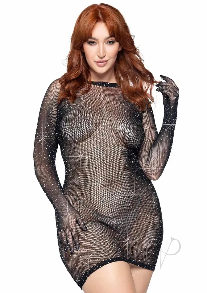 Rhinestone Fishnet Gloved Mini Dress 1X2X Black Leg Avenue Anal