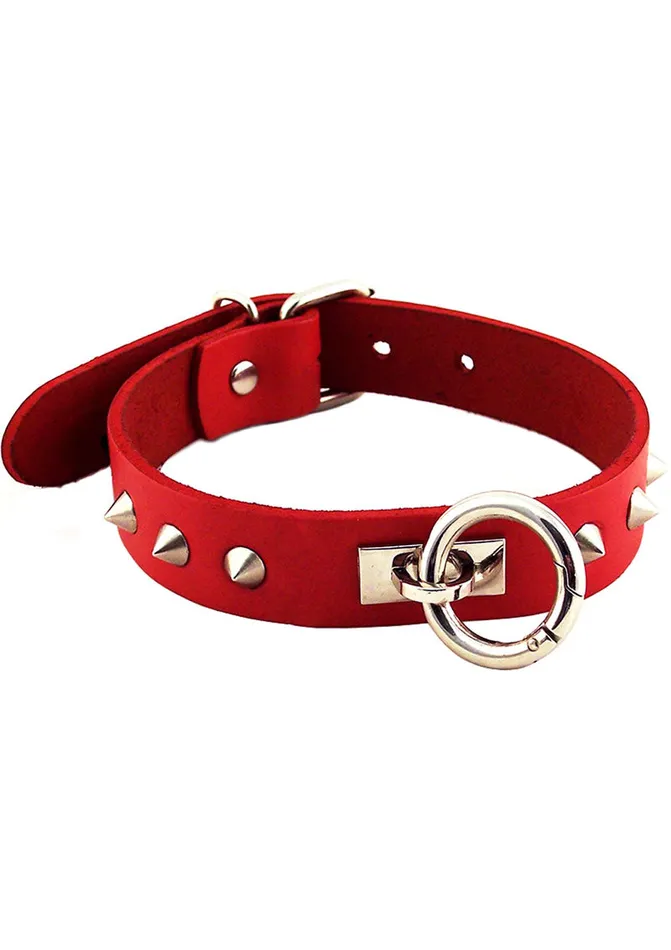 Rouge Restraints Rouge O Ring Studded Adjustable Leather Collar Red