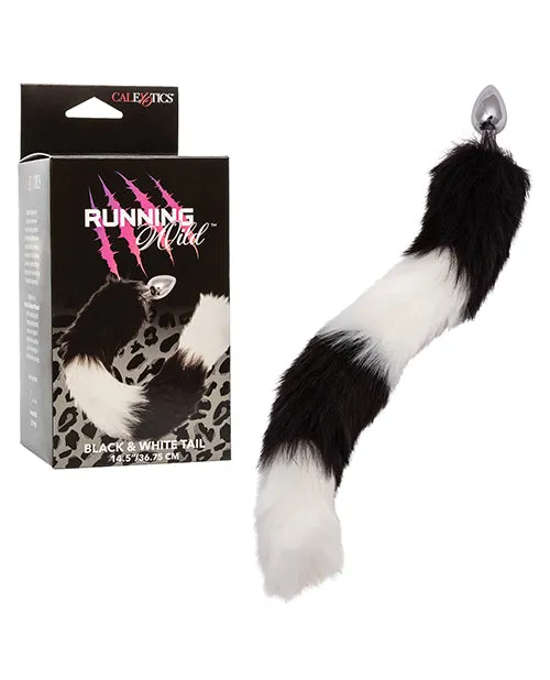 Running Wild Black and White Tail Faux Fur Tail and Metallic Anal Plug BlackWhite Running Wild Anal