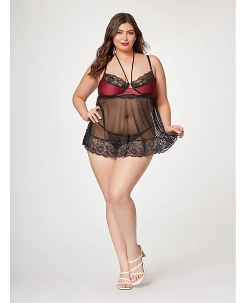Seven Til Midnight Anal Satin Lace Halter Demi Cup Babydoll Thong BlackWine 1X2X Seven Til Midnight Anal Satin Lace Halter Demi Cup Babydoll Thong BlackWine 1X2X