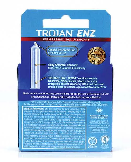 Sexual Health Wellbeing Trojan Trojan Enz Condom with Spermicidal Lubricant 3 pack Sexual Health Wellbeing Trojan Trojan Enz Condom with Spermicidal Lubricant 3 pack