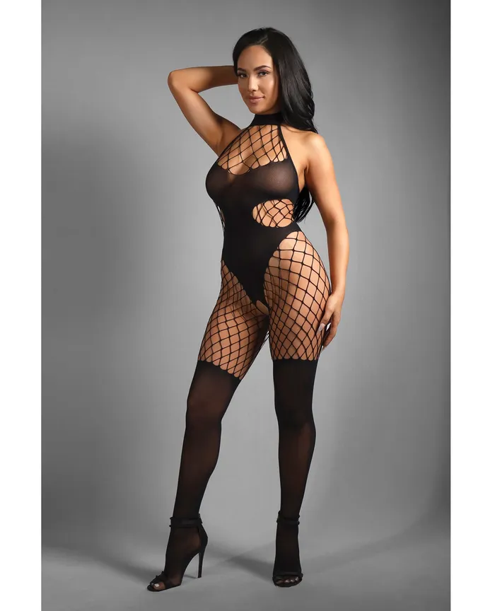 Sheer Fantasy Sheer Lose Control Opaque and Fishnet High Neck Crotchless Bodystocking Black OS Bodystockings Playsuits Sheer Fantasy Sheer Lose Control Opaque and Fishnet High Neck Crotchless Bodystocking Black OS Bodystockings Playsuits