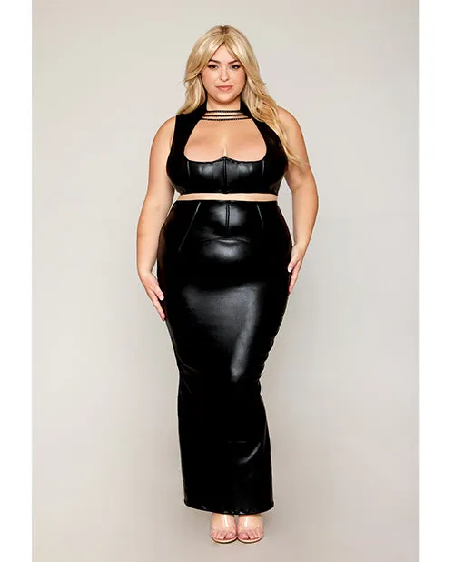 Stretch Faux Leather Harness Bra Long Slip Skirt Black 1X Dreamgirl Anal